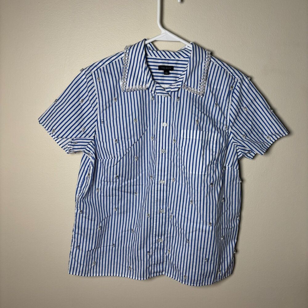 Talbots Womens Striped button down with pearl and jewel embellishments size M